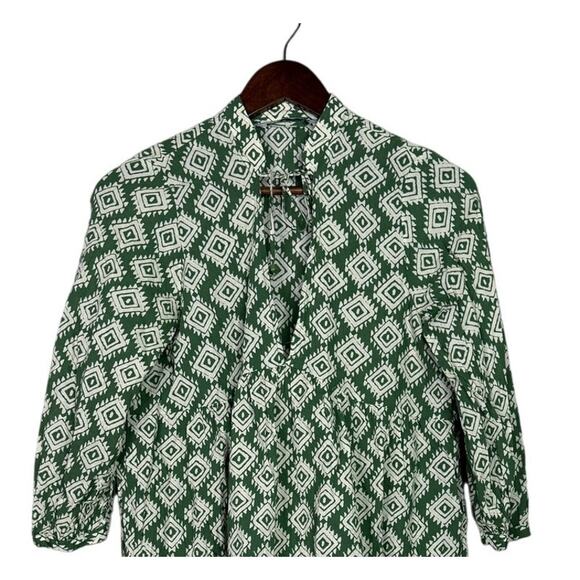 Zara Oversized Cadie Geometric Print Tiered Pleated Mini Dress Tie XS Green - Picture 3 of 15